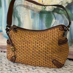 Fossil Woven Shoulder Bag in Brown and Tan